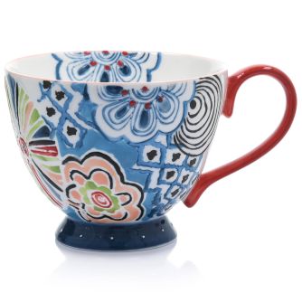 DUKA FLORIST 400 ml mėlynas raudonas porcelianinis puodelis su gėlėmis