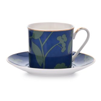 DUKA SKADI puodelis ir lėkštė 200 ml, tamsiai mėlyna, žalia, porcelianinė